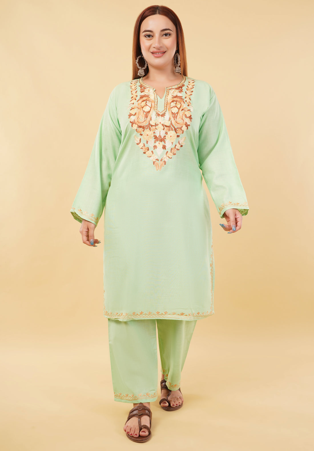 Kashmiri Aari embroidery Cotton Co-ord set Size-46 (Green)