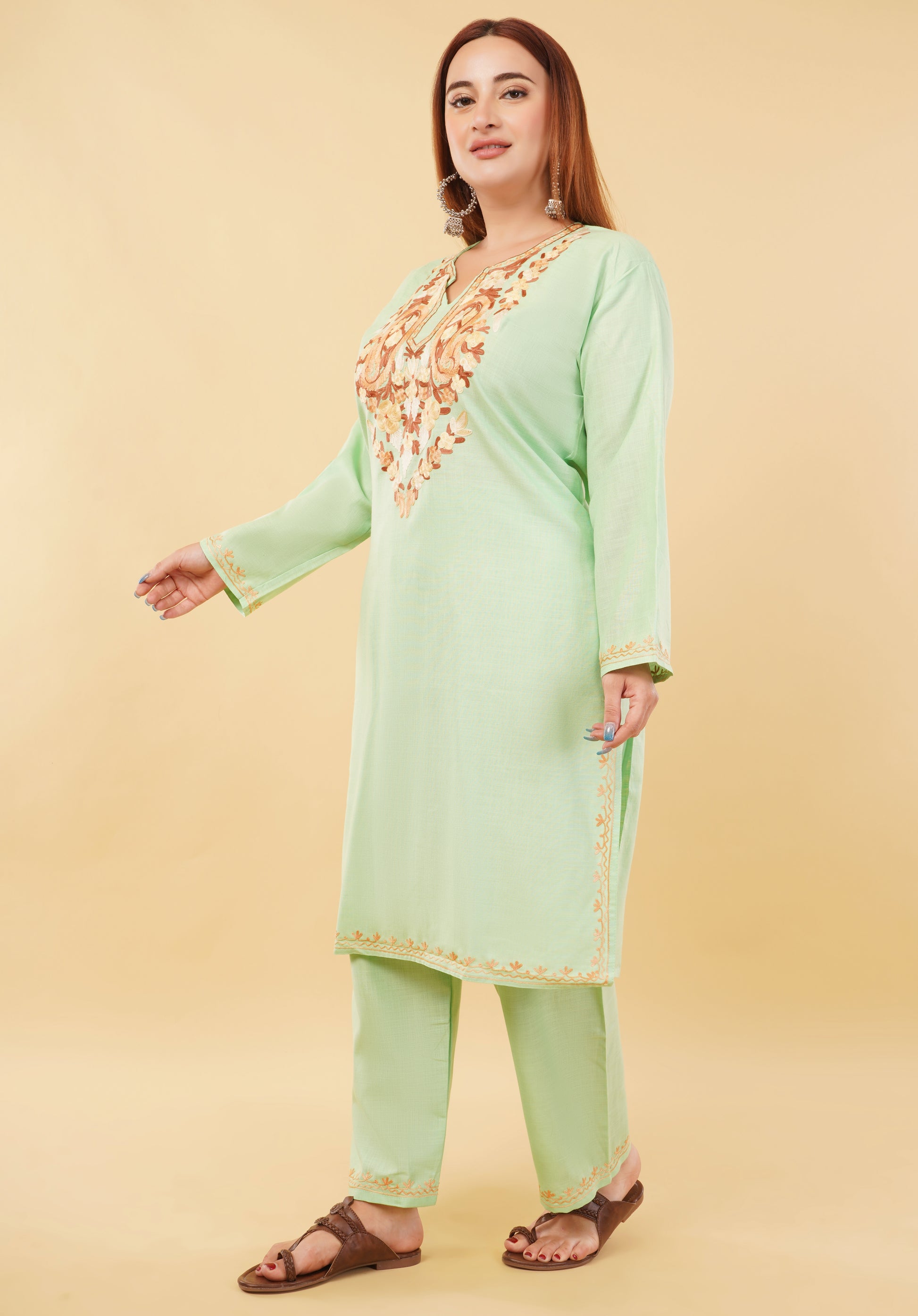 Kashmiri Aari embroidery Cotton Co-ord set Size-46 (Green)