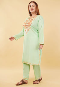 Kashmiri Aari embroidery Cotton Co-ord set Size-46 (Green)
