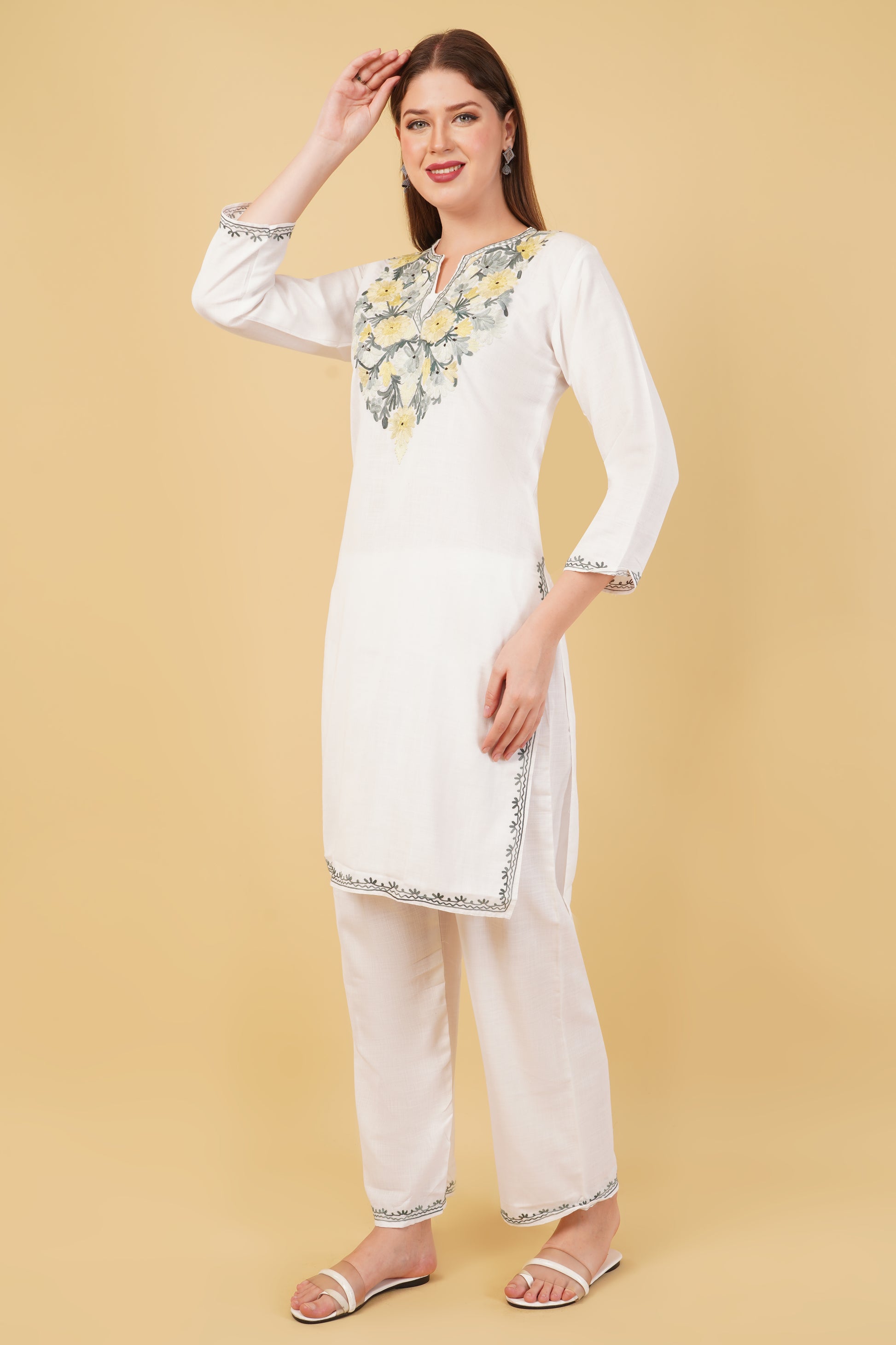 Kashmiri Aari embroidery Cotton Co-ord set Size-42 (White)
