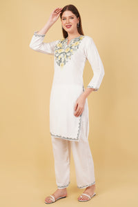 Kashmiri Aari embroidery Cotton Co-ord set Size-42 (White)