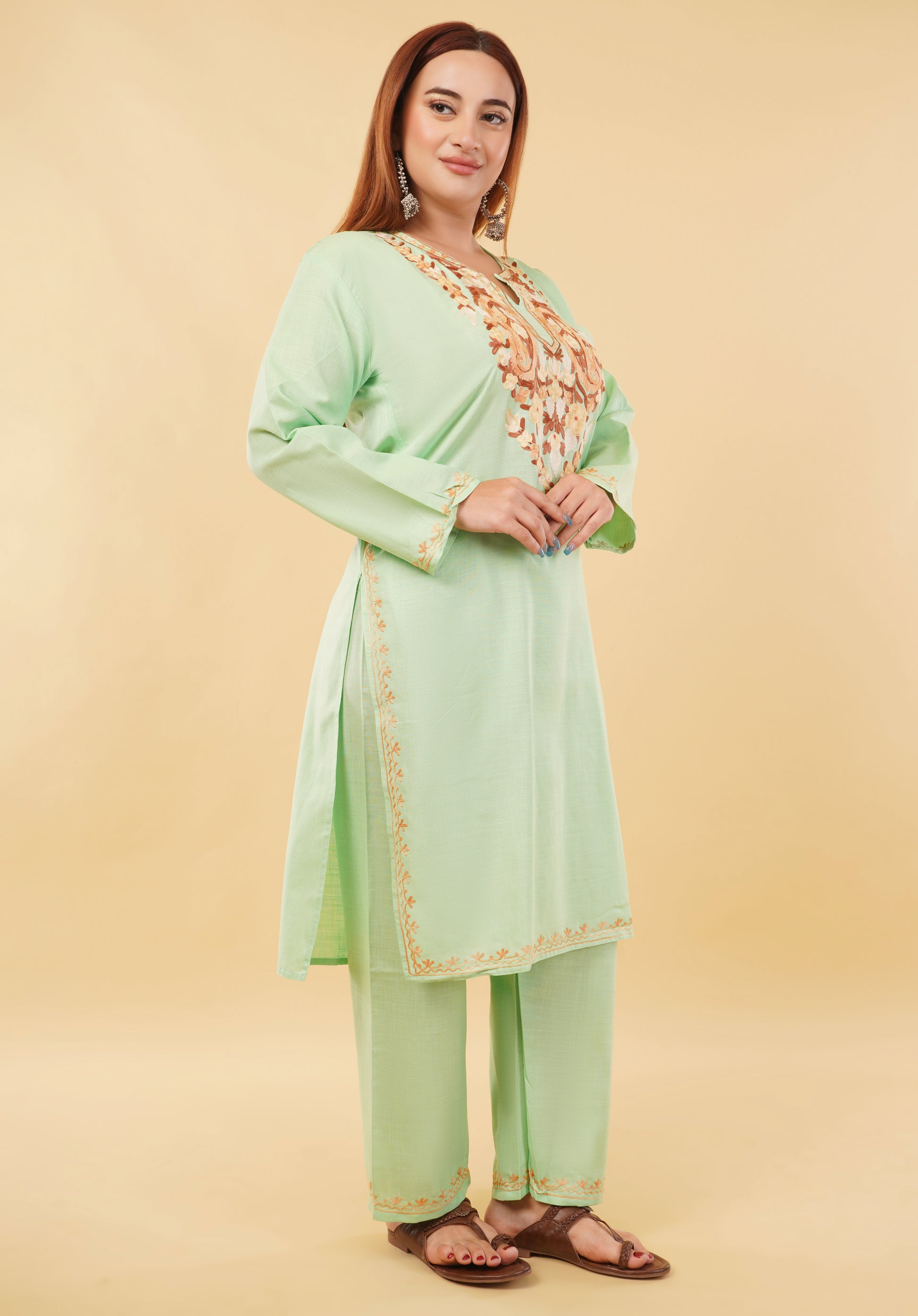 Kashmiri Aari embroidery Cotton Co-ord set Size-46 (Green)