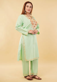 Kashmiri Aari embroidery Cotton Co-ord set Size-46 (Green)