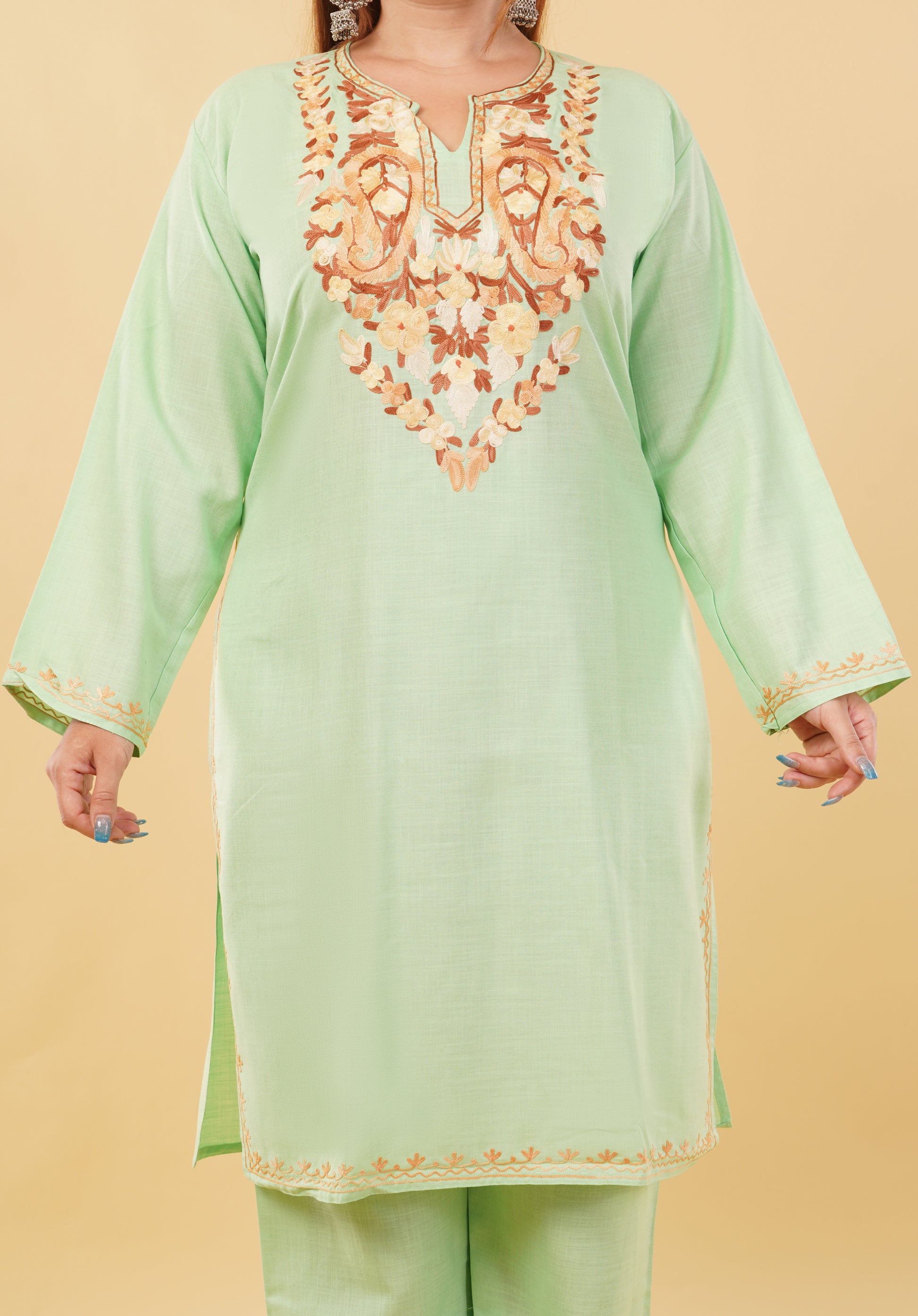 Kashmiri Aari embroidery Cotton Co-ord set Size-46 (Green)