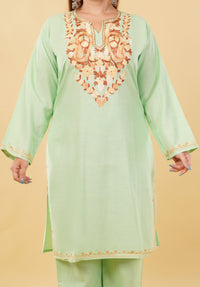 Kashmiri Aari embroidery Cotton Co-ord set Size-46 (Green)