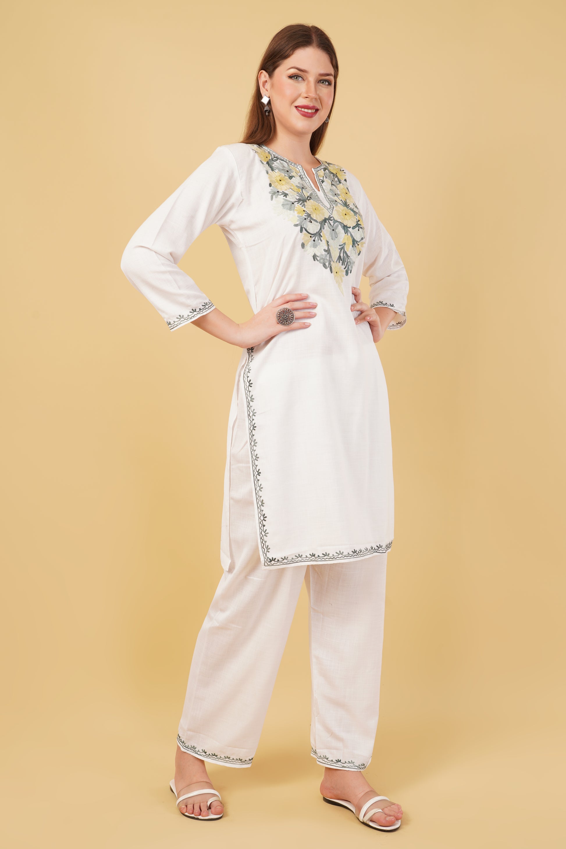 Kashmiri Aari embroidery Cotton Co-ord set Size-42 (White)