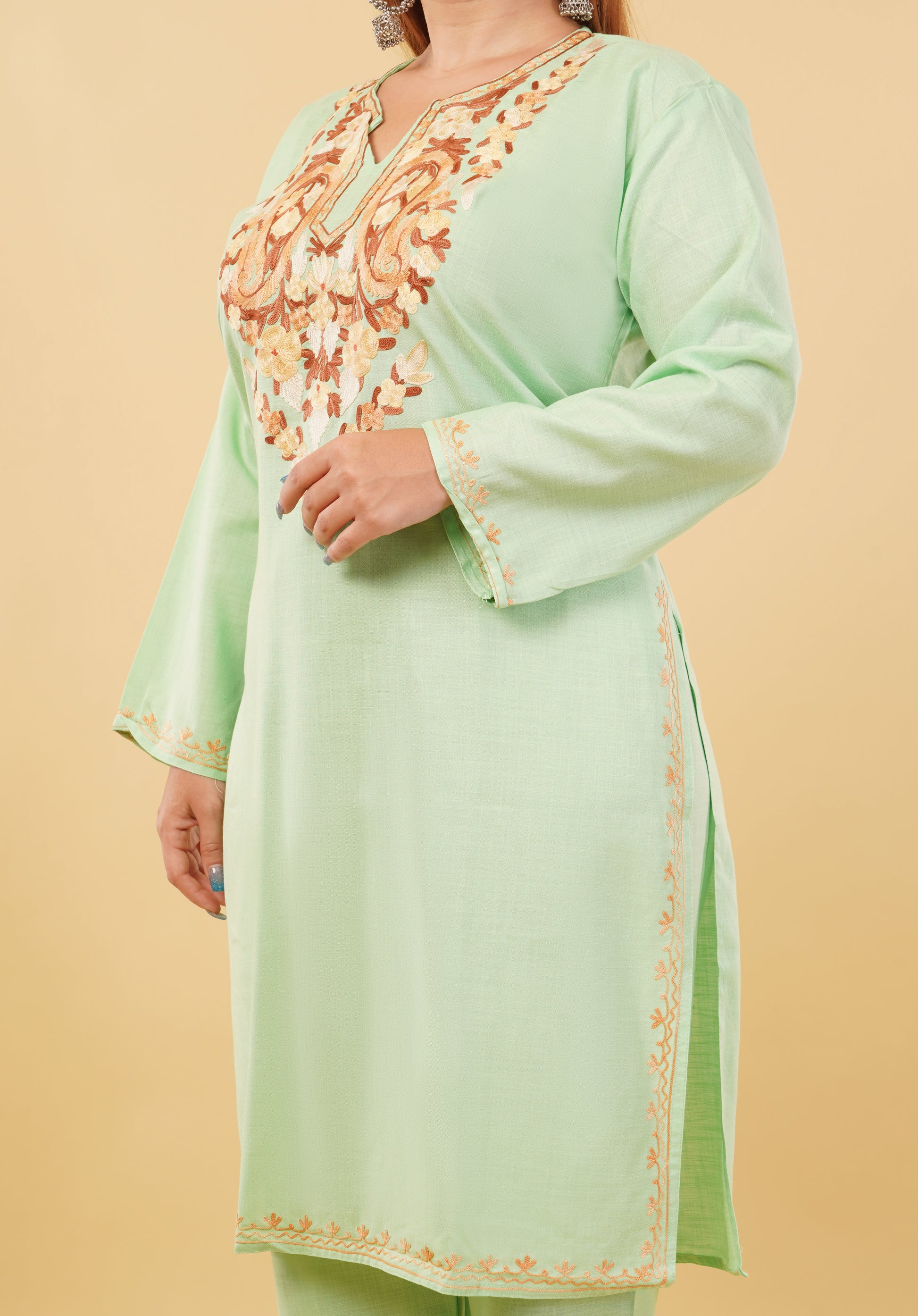 Kashmiri Aari embroidery Cotton Co-ord set Size-46 (Green)