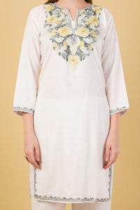 Kashmiri Aari embroidery Cotton Co-ord set Size-42 (White)