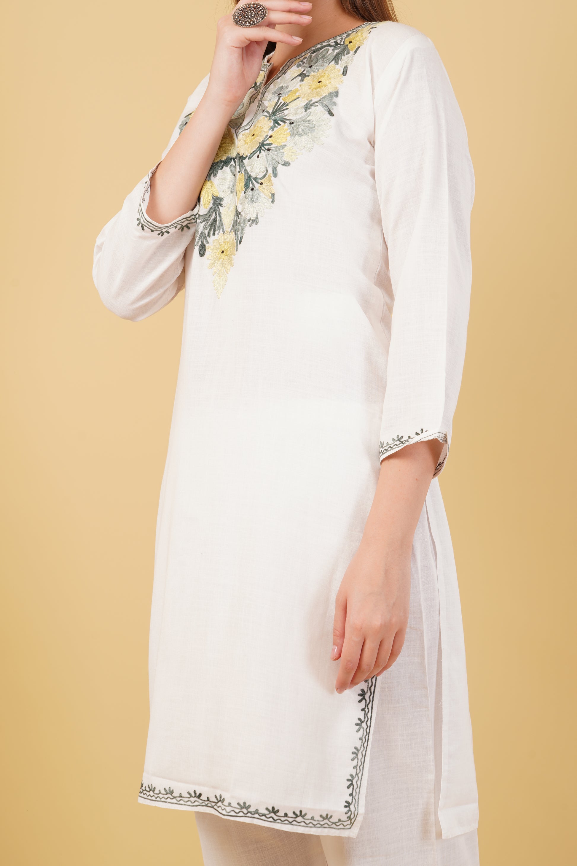 Kashmiri Aari embroidery Cotton Co-ord set Size-42 (White)