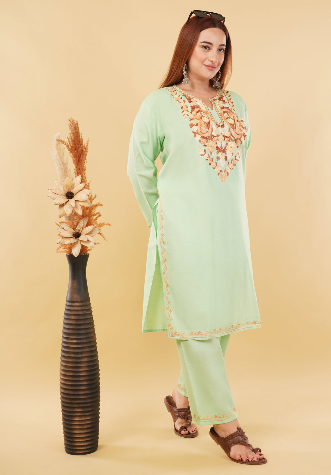 Kashmiri Aari embroidery Cotton Co-ord set Size-46 (Green)
