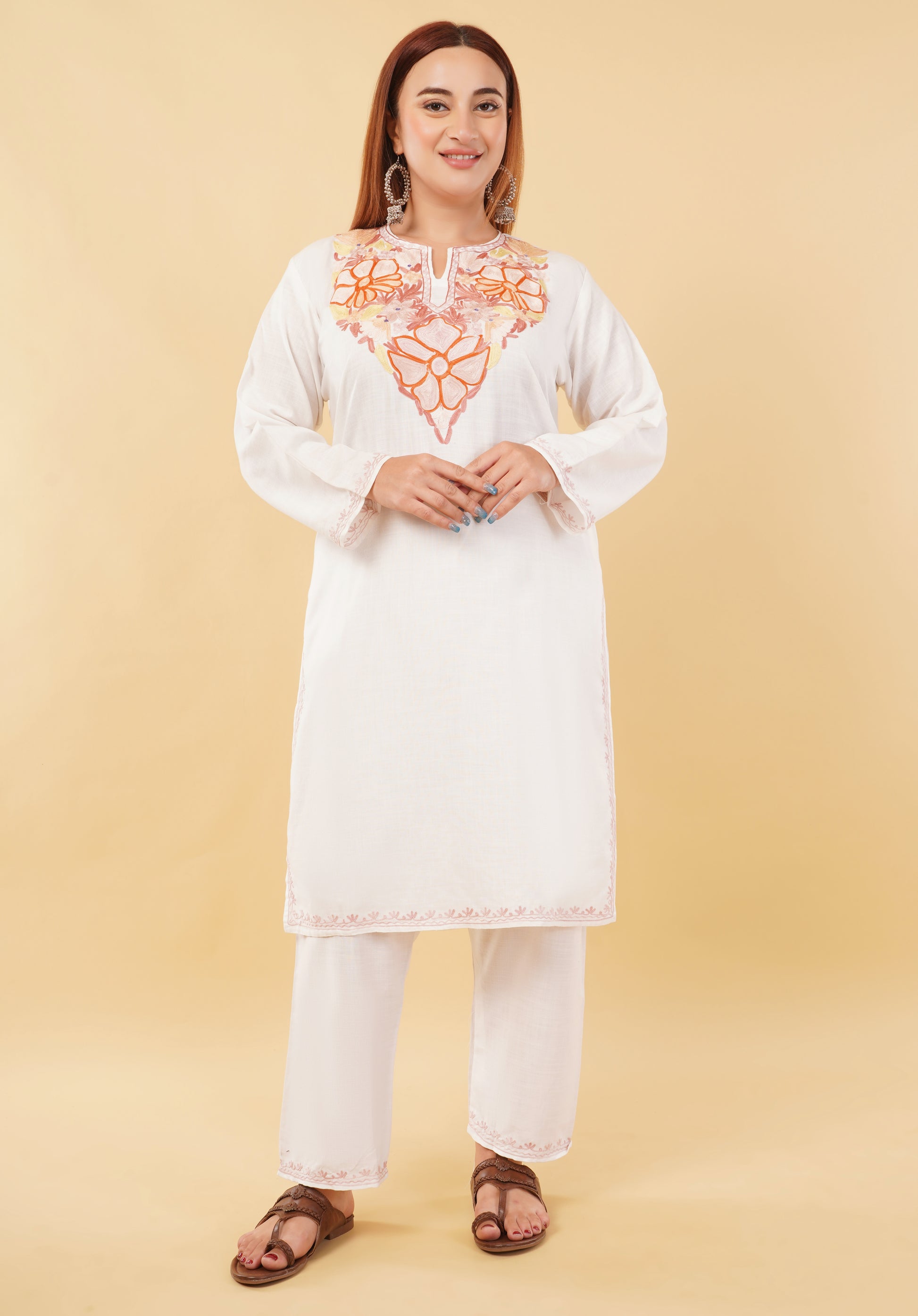 Kashmiri Aari embroidery Cotton Co-ord set Size-46 (White)