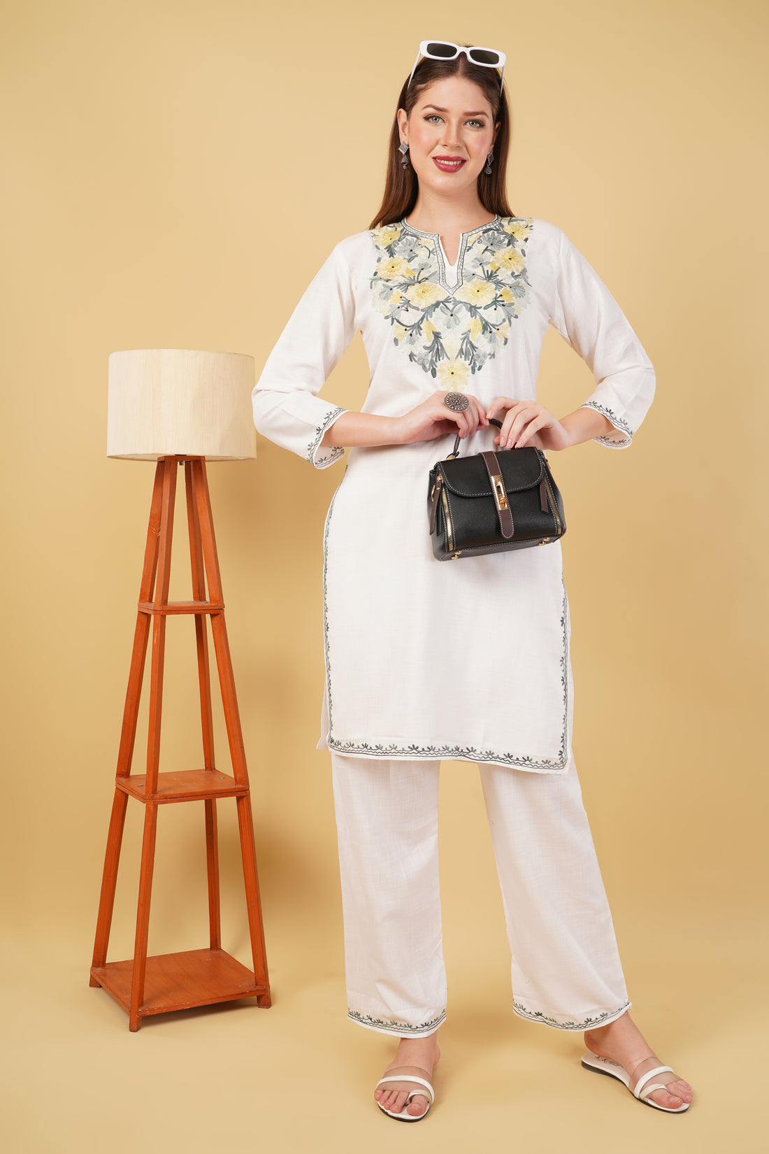 Kashmiri Aari embroidery Cotton Co-ord set Size-42 (White)