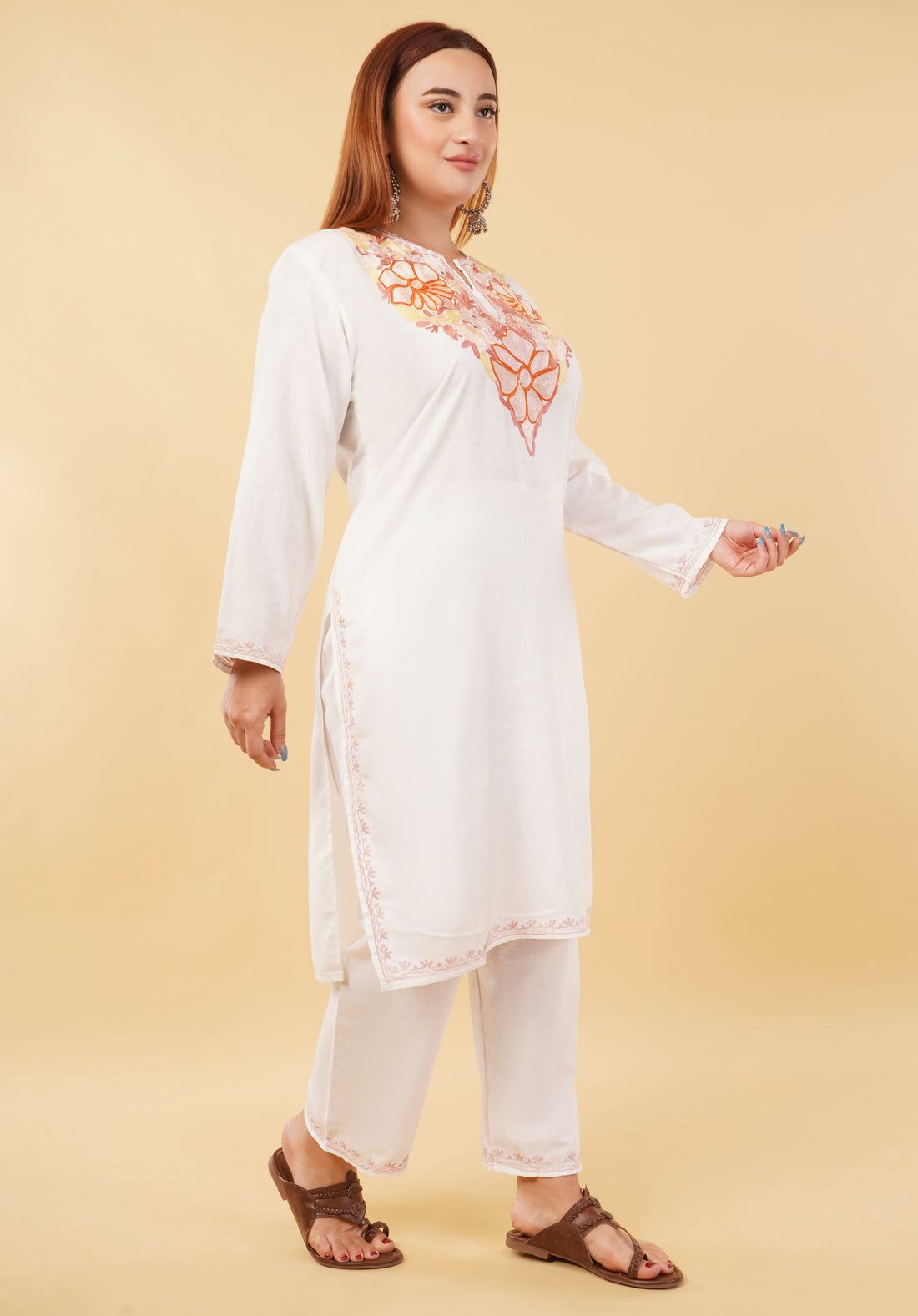 Kashmiri Aari embroidery Cotton Co-ord set Size-46 (White)
