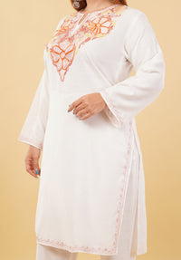 Kashmiri Aari embroidery Cotton Co-ord set Size-46 (White)