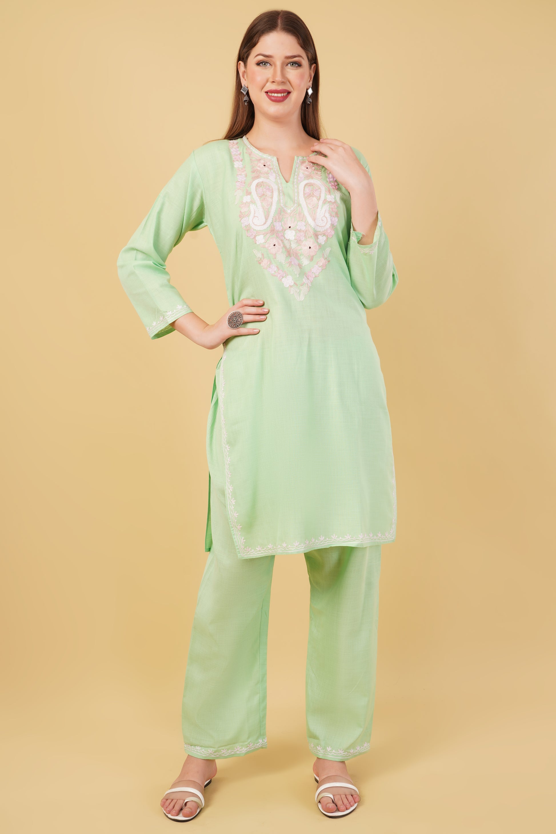 Kashmiri Aari embroidery Cotton Co-ord set Size-42 (Green)
