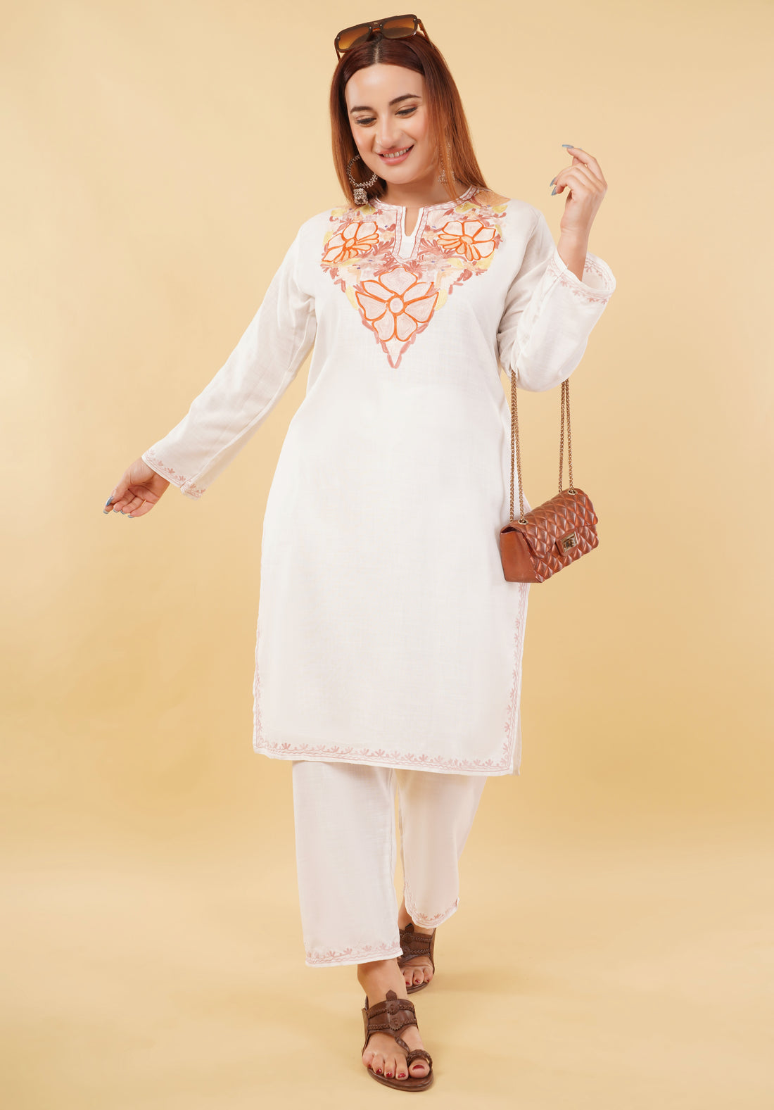 Kashmiri Aari embroidery Cotton Co-ord set Size-46 (White)