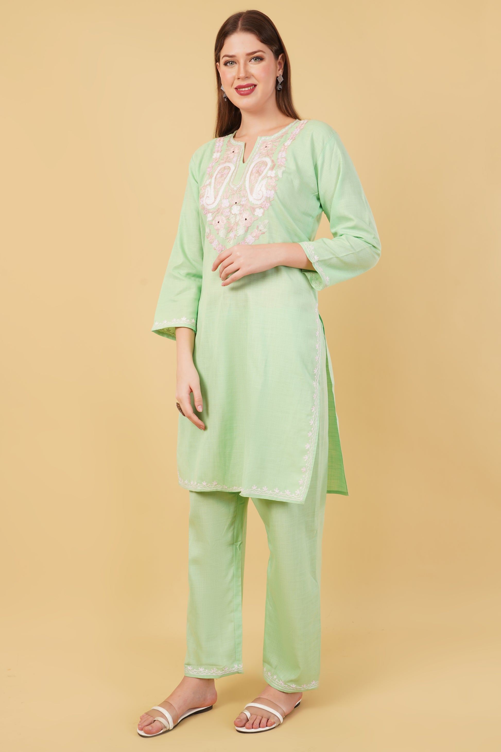 Kashmiri Aari embroidery Cotton Co-ord set Size-42 (Green)
