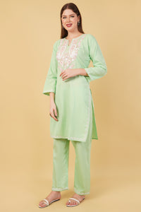 Kashmiri Aari embroidery Cotton Co-ord set Size-42 (Green)