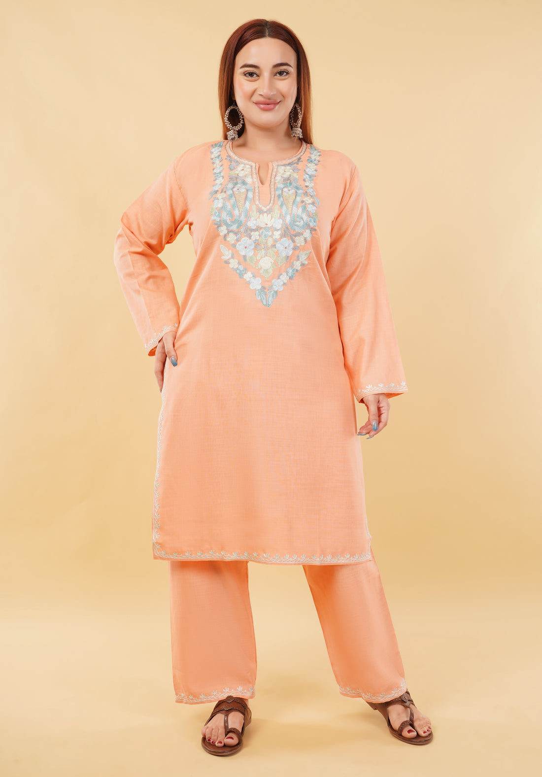 Kashmiri Aari embroidery Cotton Co-ord set Size-46 (Peach)
