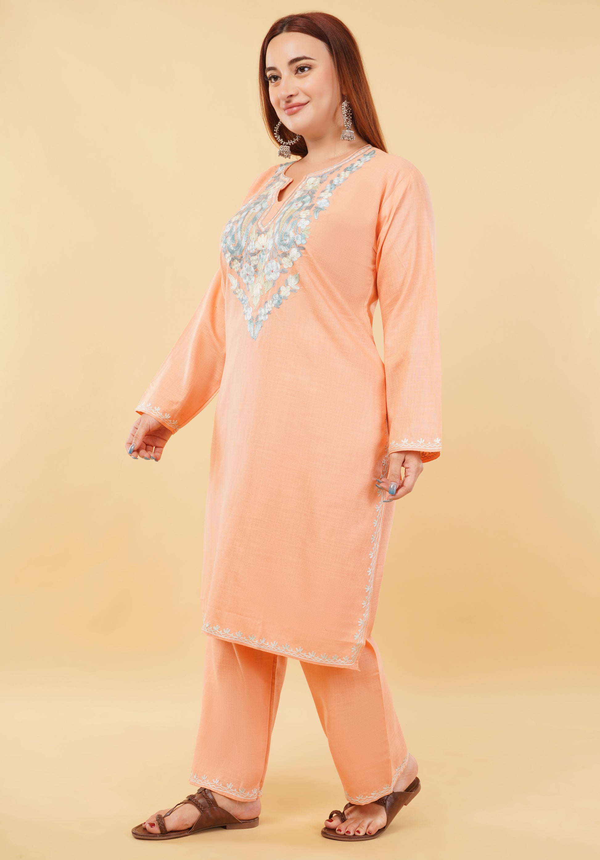 Kashmiri Aari embroidery Cotton Co-ord set Size-46 (Peach)