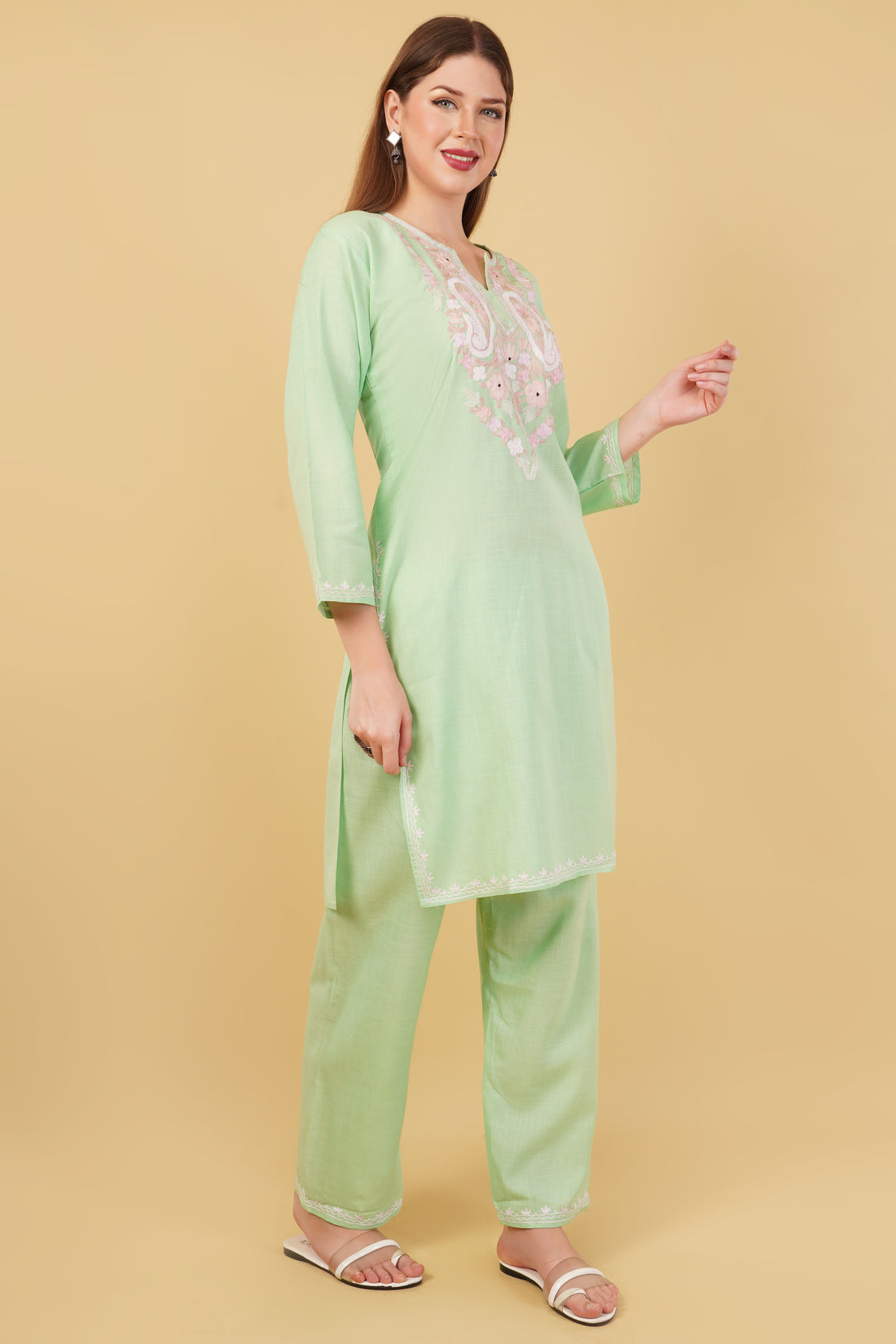 Kashmiri Aari embroidery Cotton Co-ord set Size-42 (Green)