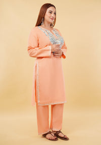 Kashmiri Aari embroidery Cotton Co-ord set Size-46 (Peach)