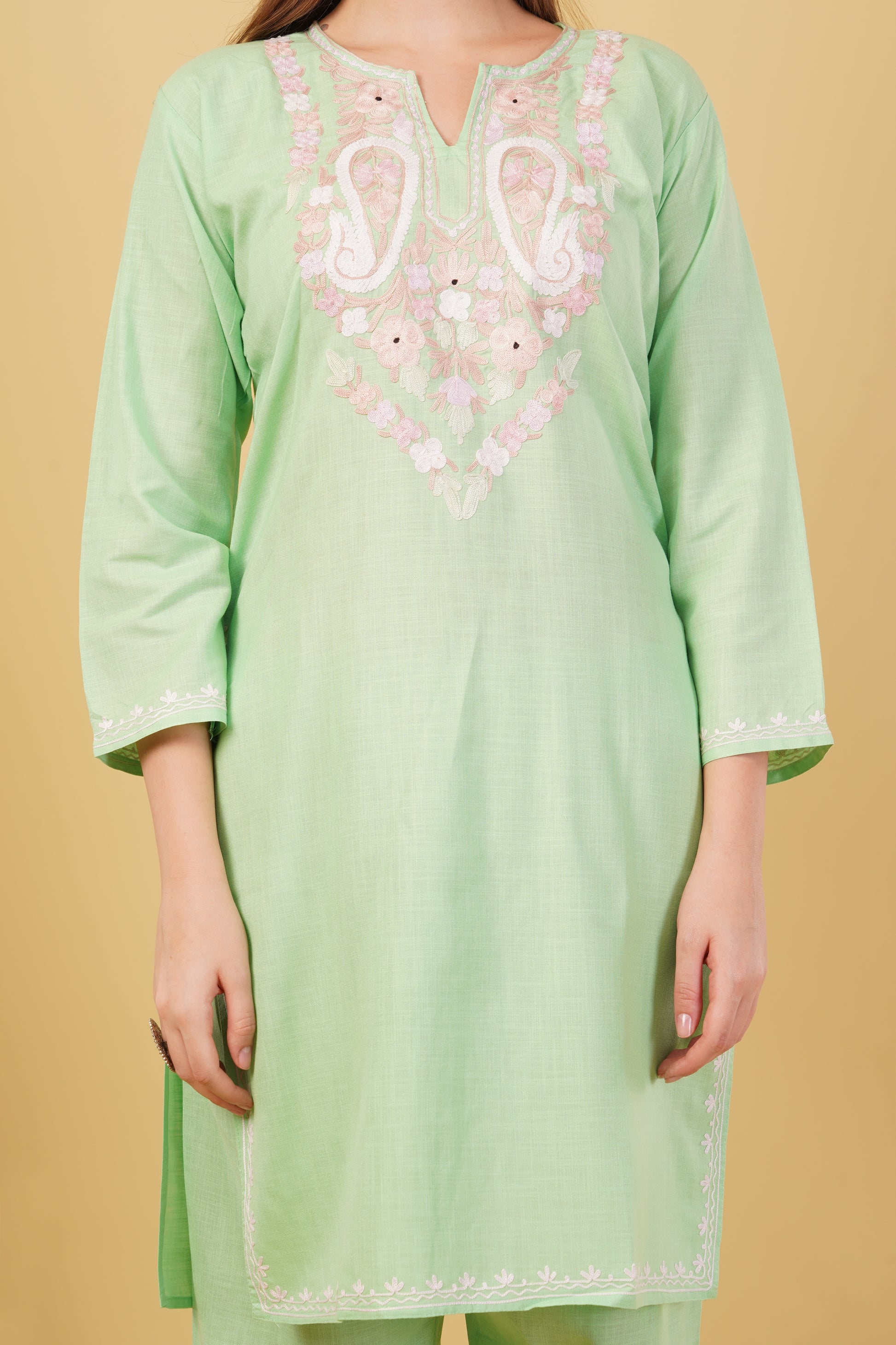 Kashmiri Aari embroidery Cotton Co-ord set Size-42 (Green)