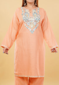 Kashmiri Aari embroidery Cotton Co-ord set Size-46 (Peach)