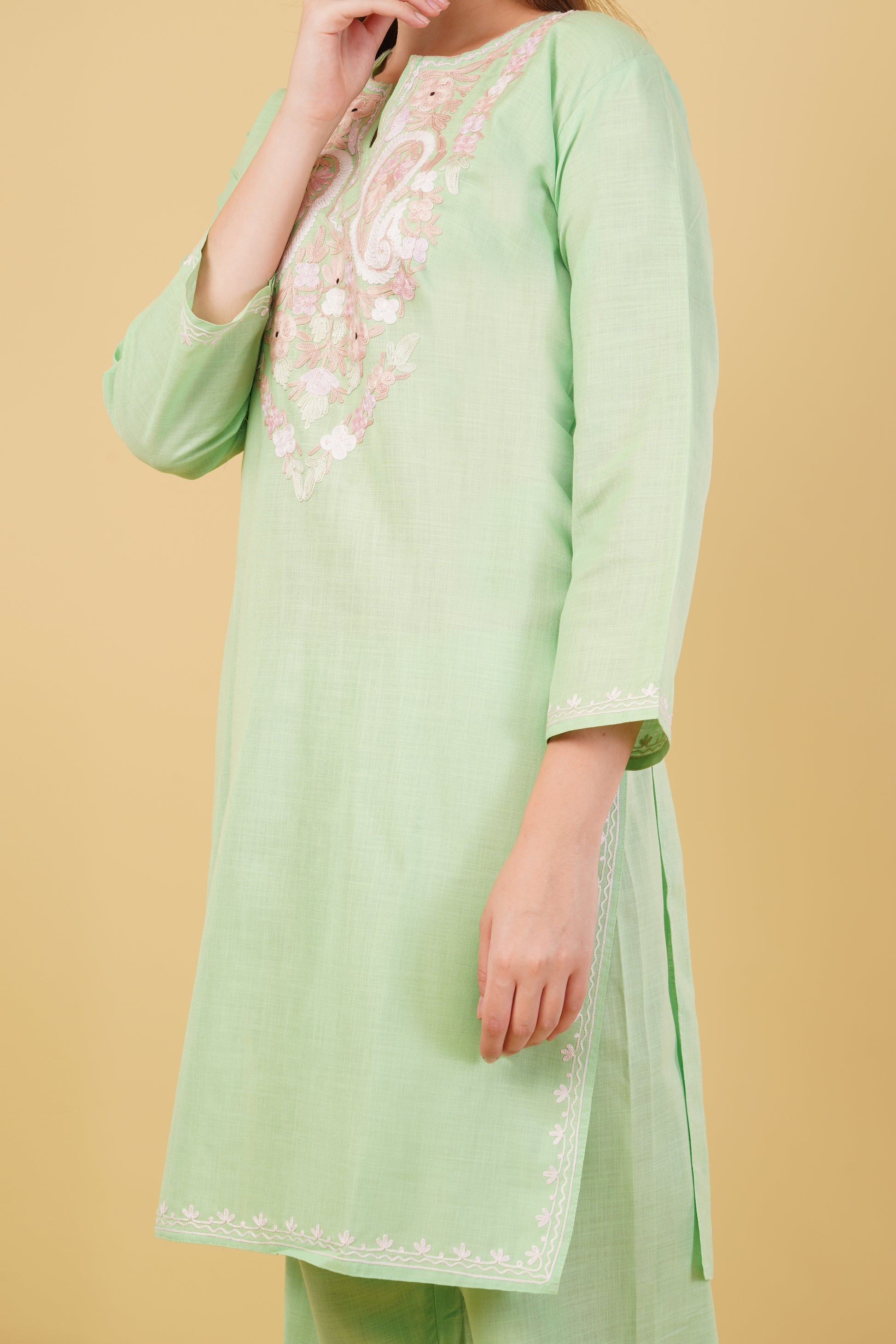 Kashmiri Aari embroidery Cotton Co-ord set Size-42 (Green)
