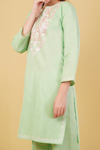 Kashmiri Aari embroidery Cotton Co-ord set Size-42 (Green)