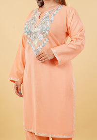 Kashmiri Aari embroidery Cotton Co-ord set Size-46 (Peach)