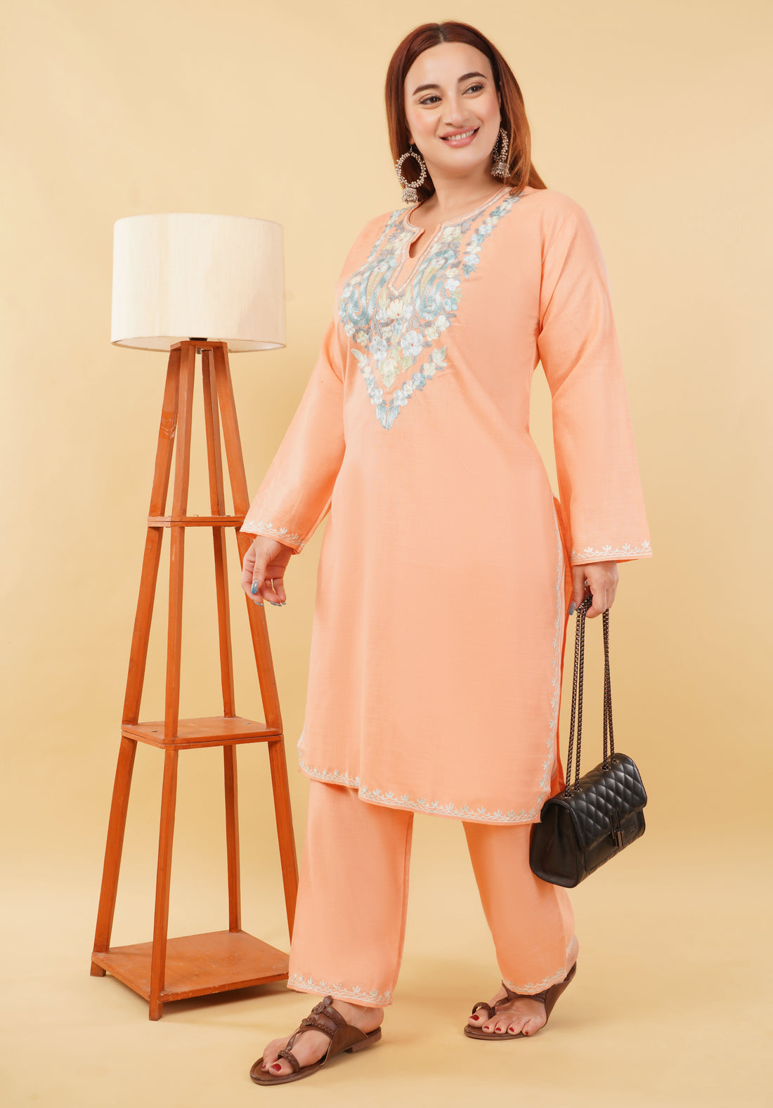 Kashmiri Aari embroidery Cotton Co-ord set Size-46 (Peach)