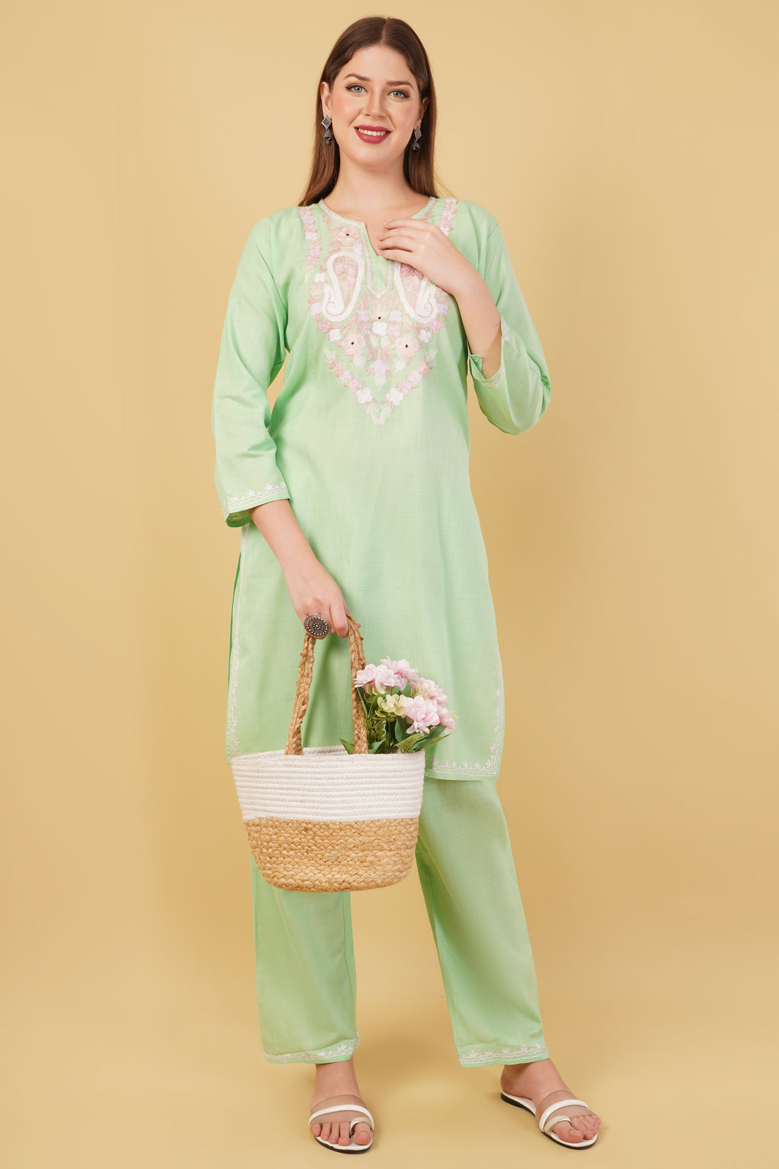 Kashmiri Aari embroidery Cotton Co-ord set Size-42 (Green)