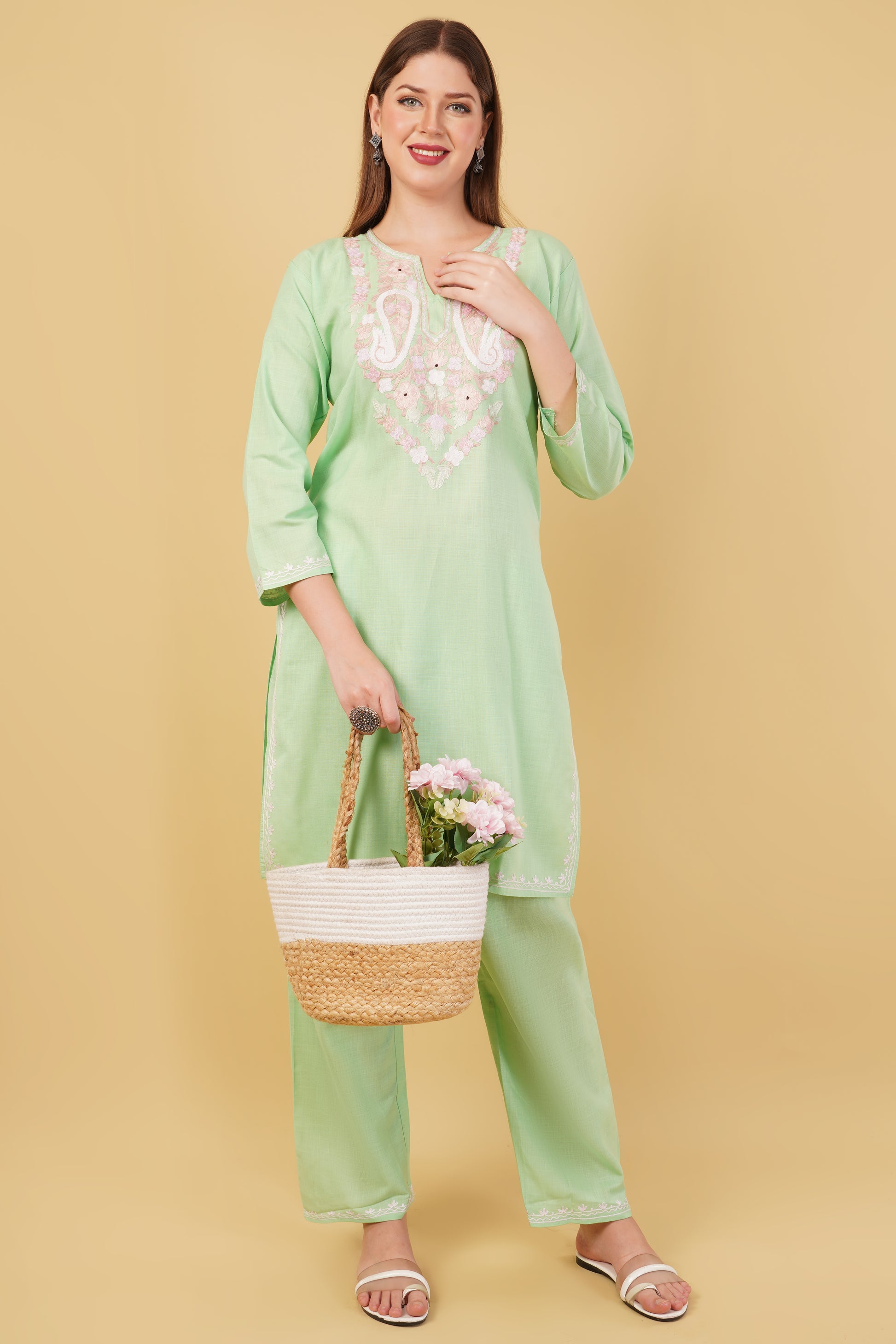 Kashmiri Aari embroidery Cotton Co-ord set Size-42 (Green)