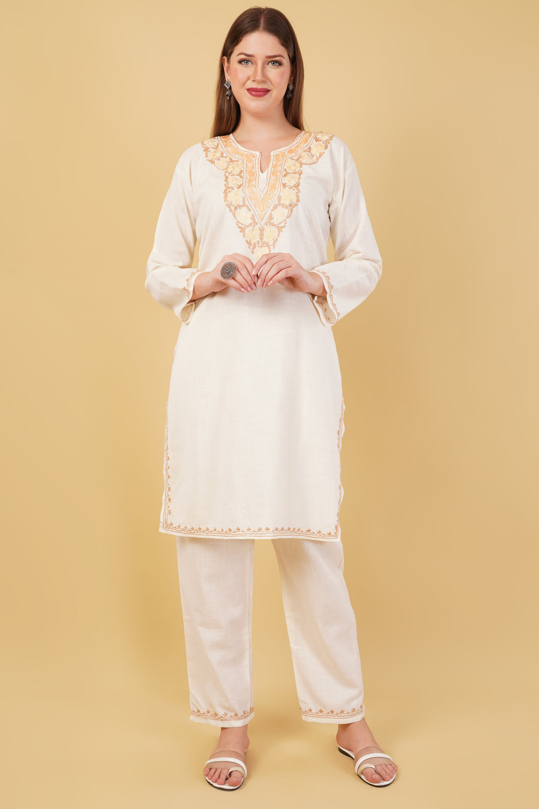 Kashmiri Aari embroidery Cotton Co-ord set Size-42 (White)