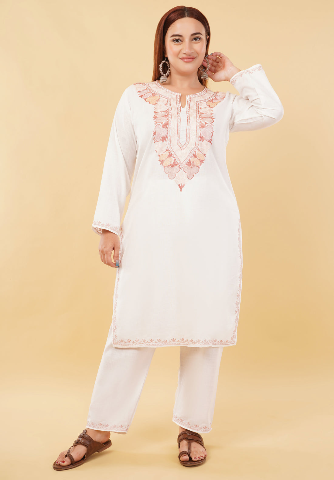 Kashmiri Aari embroidery Cotton Co-ord set Size-46 (White)