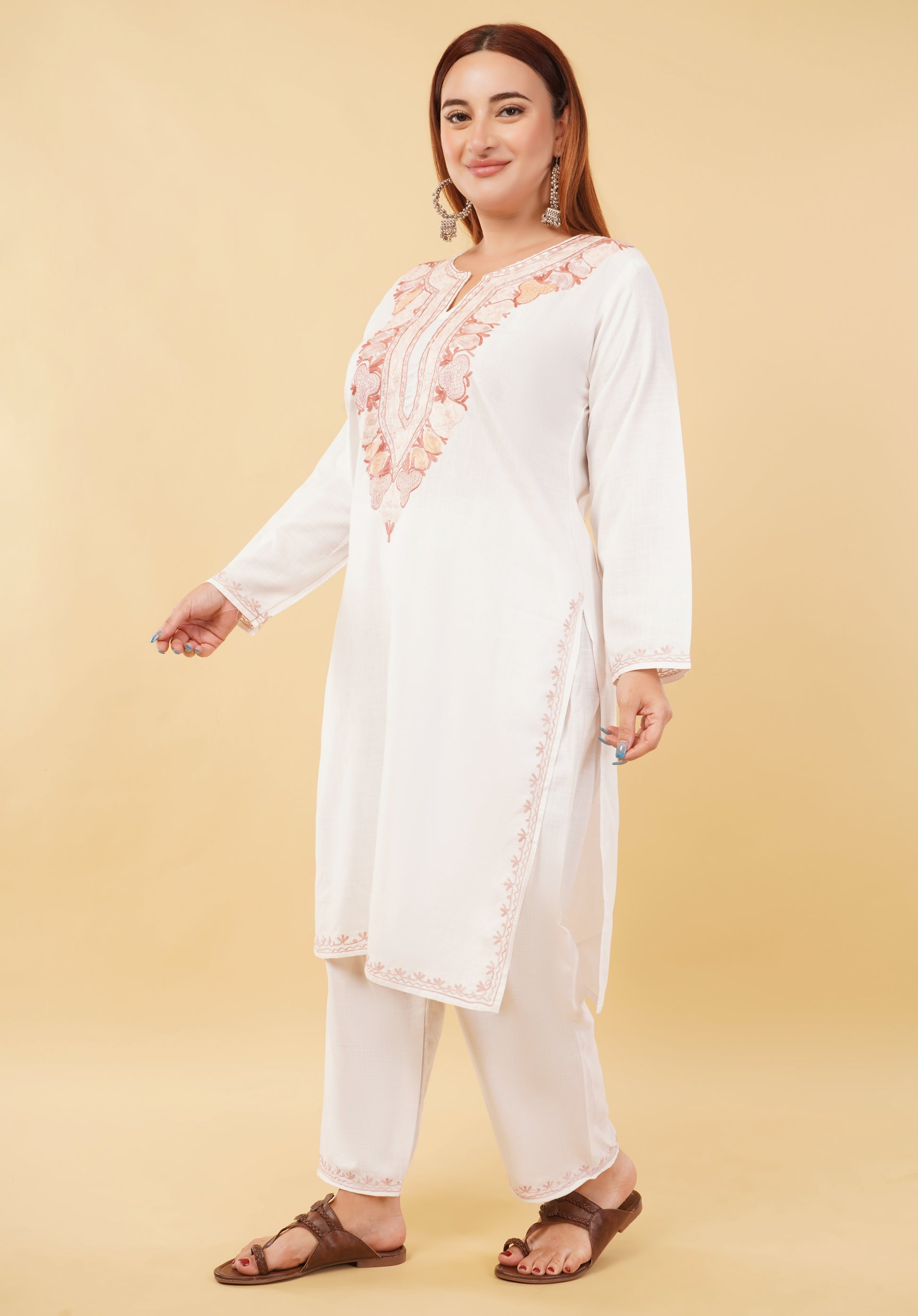 Kashmiri Aari embroidery Cotton Co-ord set Size-46 (White)