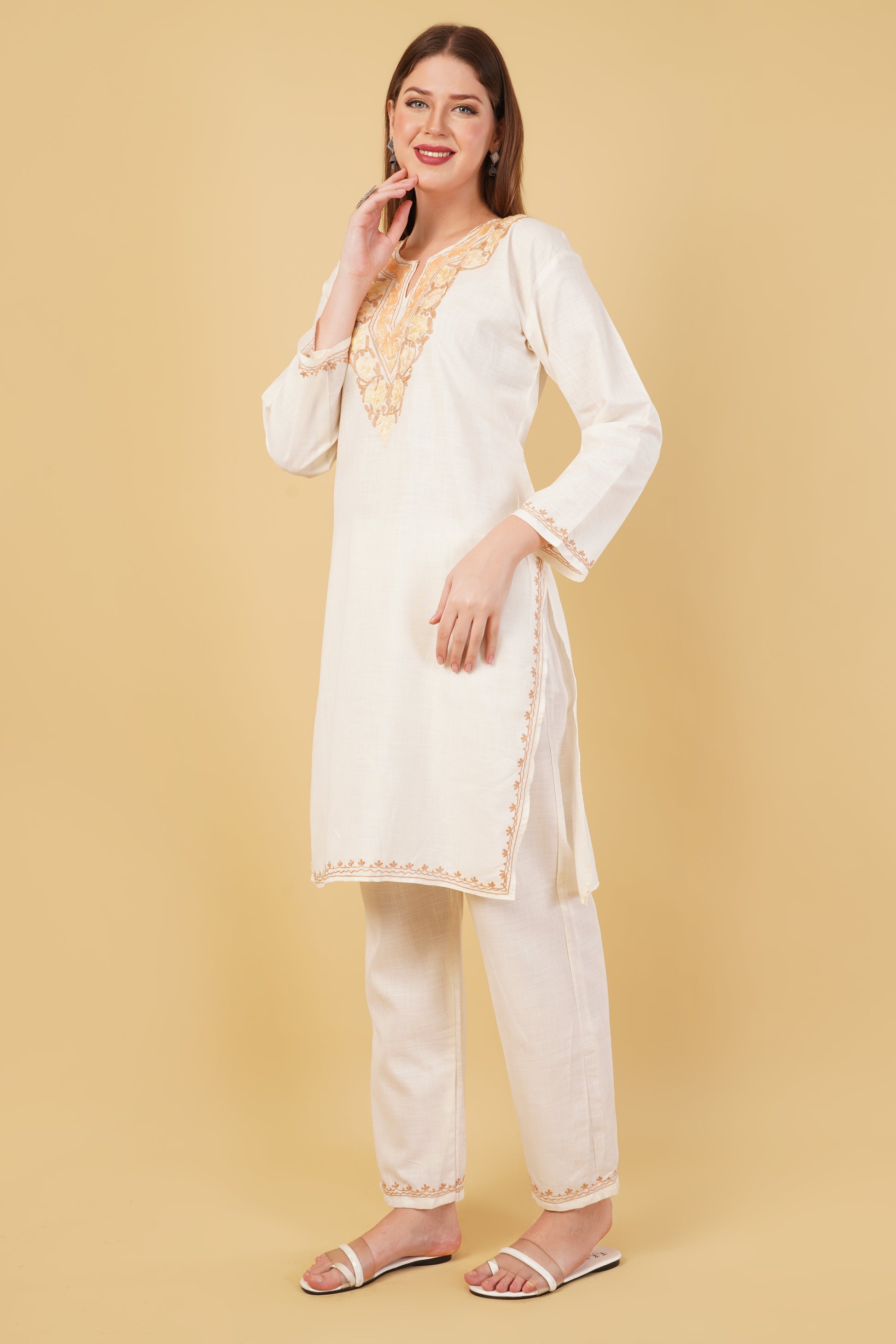 Kashmiri Aari embroidery Cotton Co-ord set Size-42 (White)