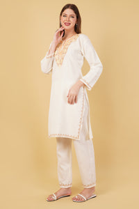 Kashmiri Aari embroidery Cotton Co-ord set Size-42 (White)