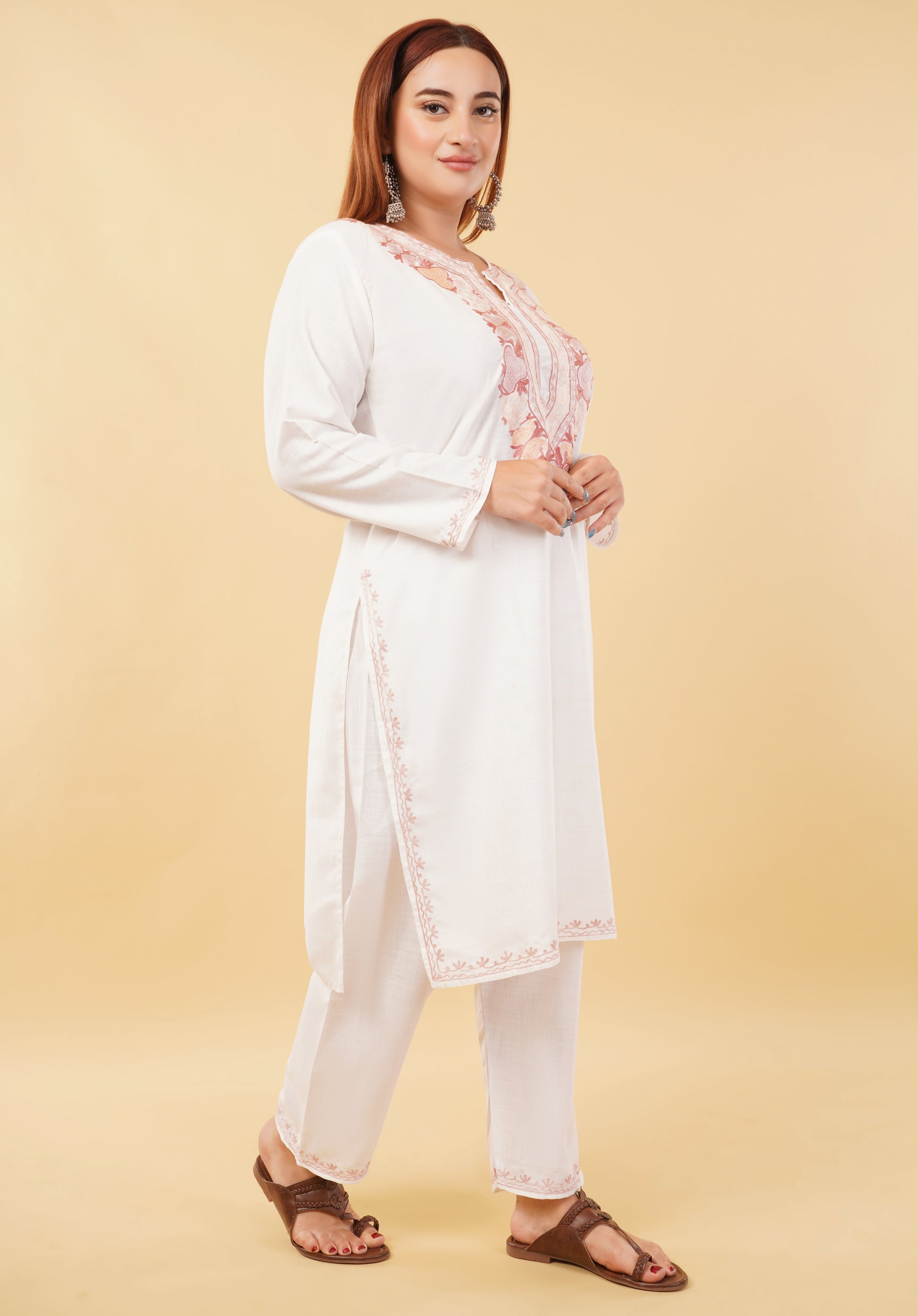 Kashmiri Aari embroidery Cotton Co-ord set Size-46 (White)