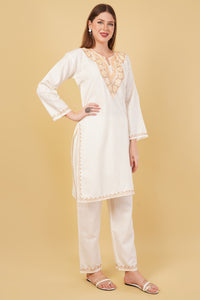 Kashmiri Aari embroidery Cotton Co-ord set Size-42 (White)