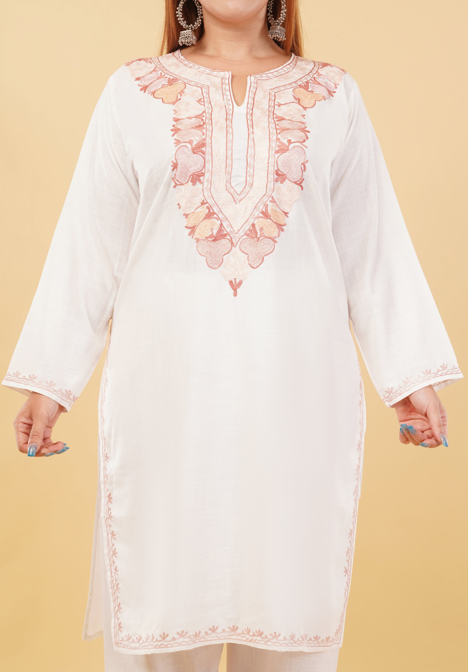 Kashmiri Aari embroidery Cotton Co-ord set Size-46 (White)