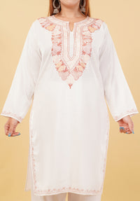 Kashmiri Aari embroidery Cotton Co-ord set Size-46 (White)