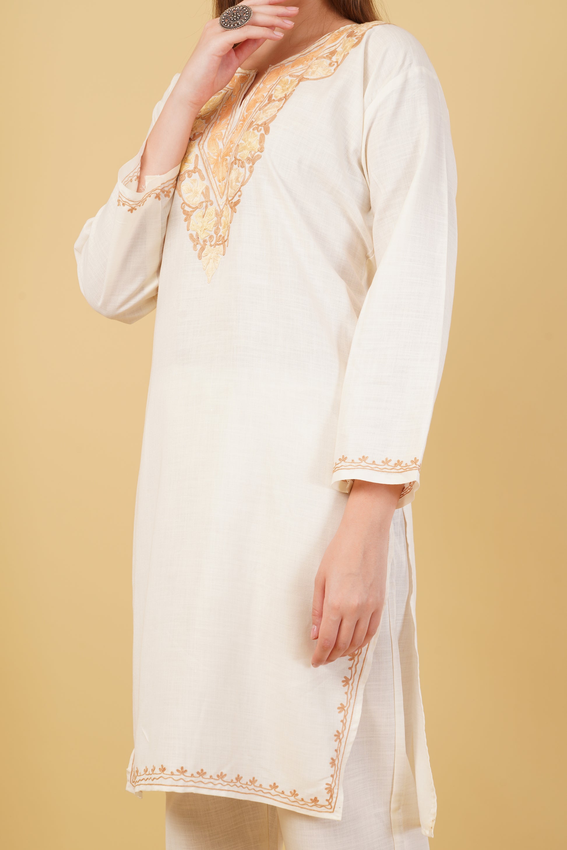Kashmiri Aari embroidery Cotton Co-ord set Size-42 (White)