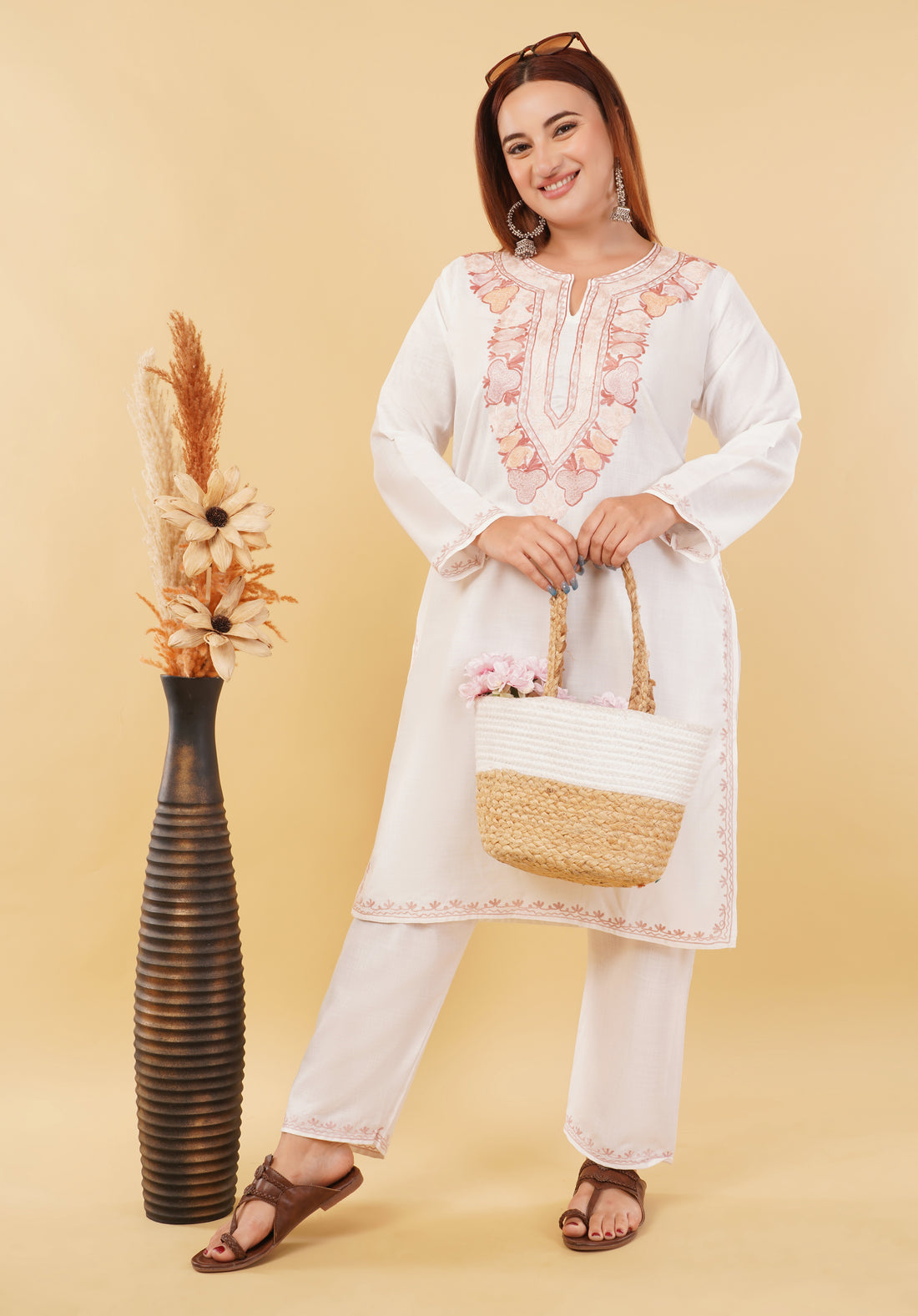 Kashmiri Aari embroidery Cotton Co-ord set Size-46 (White)