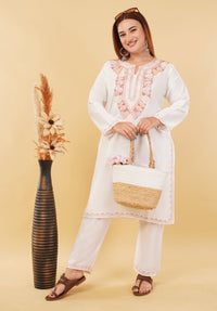 Kashmiri Aari embroidery Cotton Co-ord set Size-46 (White)