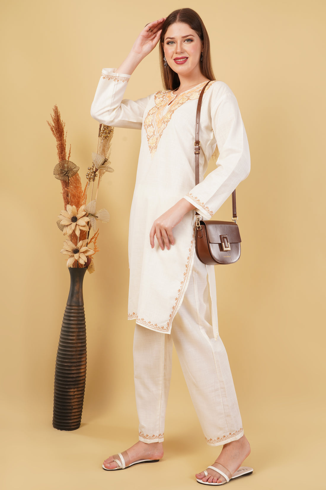 Kashmiri Aari embroidery Cotton Co-ord set Size-42 (White)