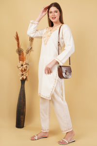 Kashmiri Aari embroidery Cotton Co-ord set Size-42 (White)