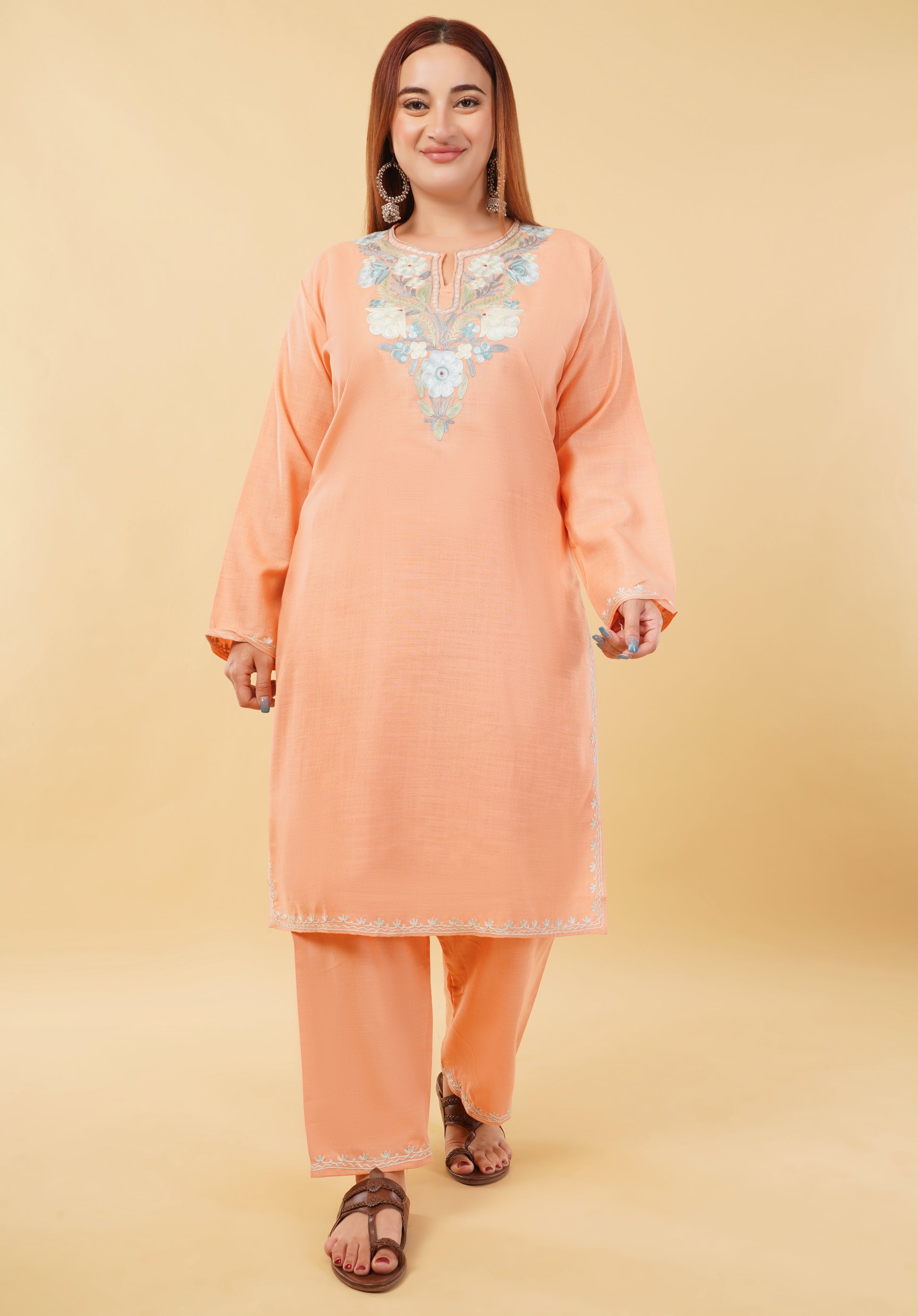 Kashmiri Aari embroidery Cotton Co-ord set Size-46 (Peach)