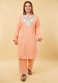 Kashmiri Aari embroidery Cotton Co-ord set Size-46 (Peach)